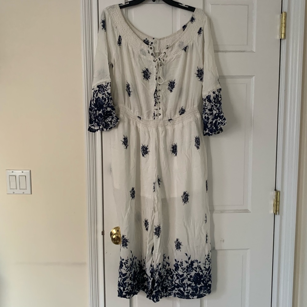 White with blue floral print jumpsuit